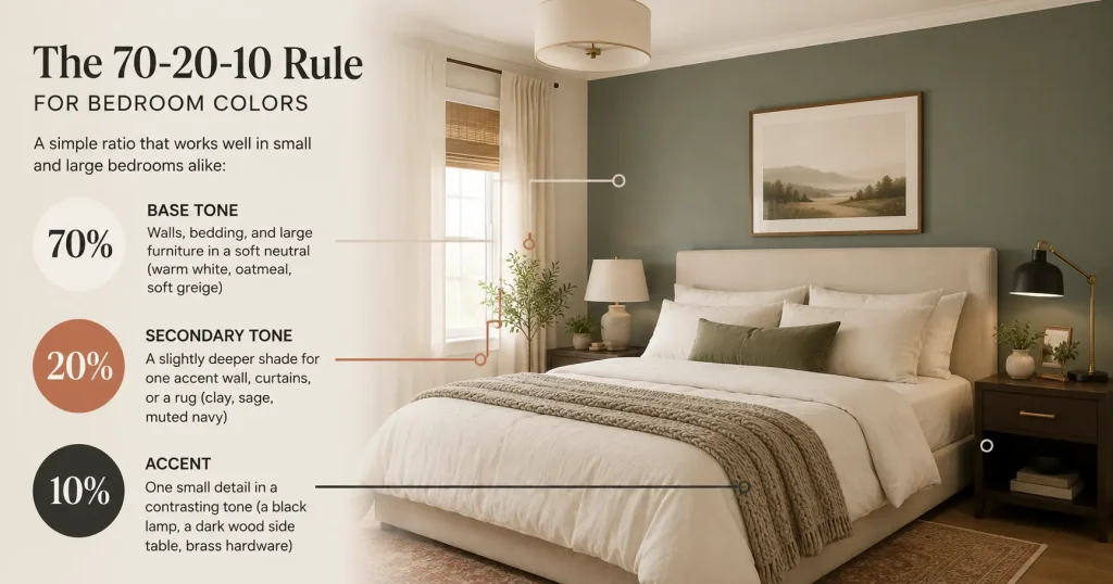 70-20-10 Color Rule for Minimalist Bedrooms minimalist bedroom with warm white walls and oak platform bed