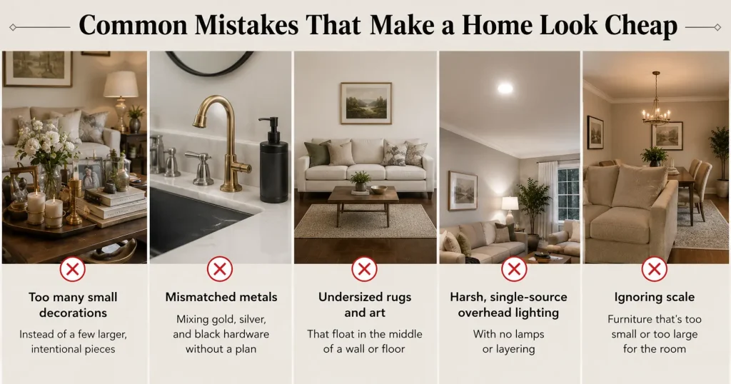 Common Mistakes That Make a Home Look Cheap Common home decor mistakes like clutter and mismatched decor that look cheap