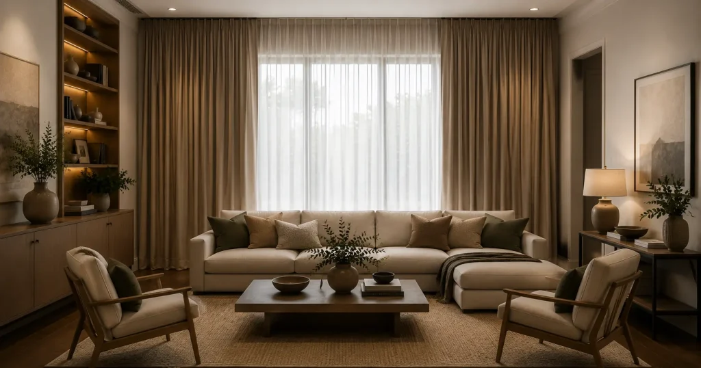Hang Curtains Close to the Ceiling, Not Just Above the Window Floor-to-ceiling curtains hung close to the ceiling in a living room