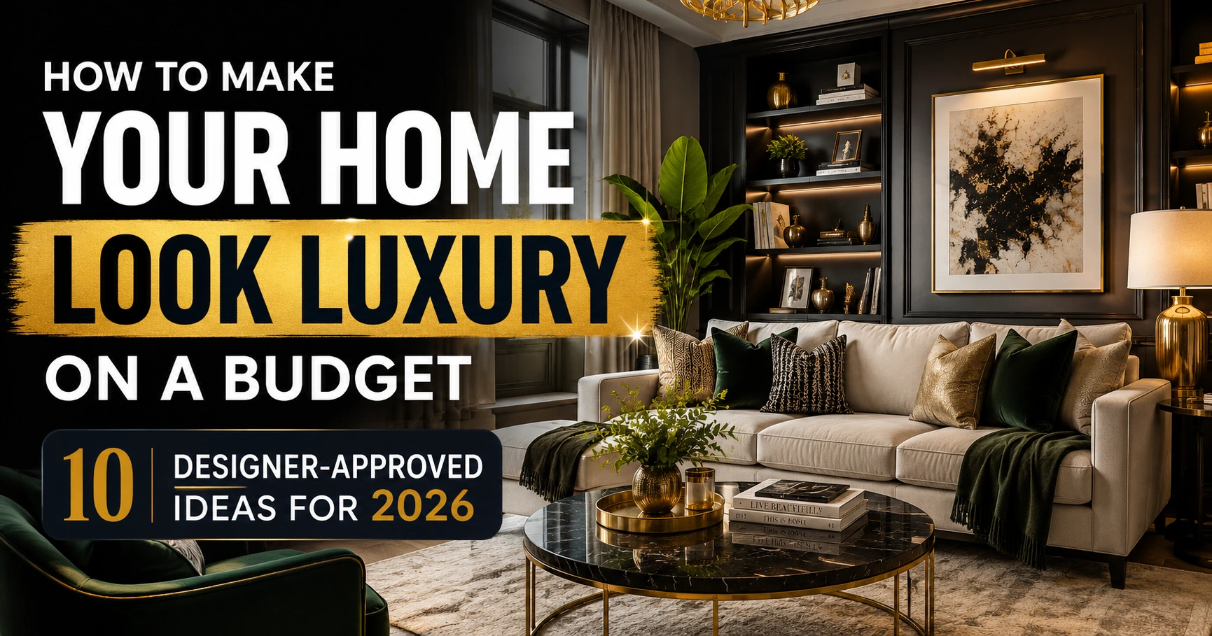 Living room styled to look luxurious on a budget with neutral colors and warm lighting