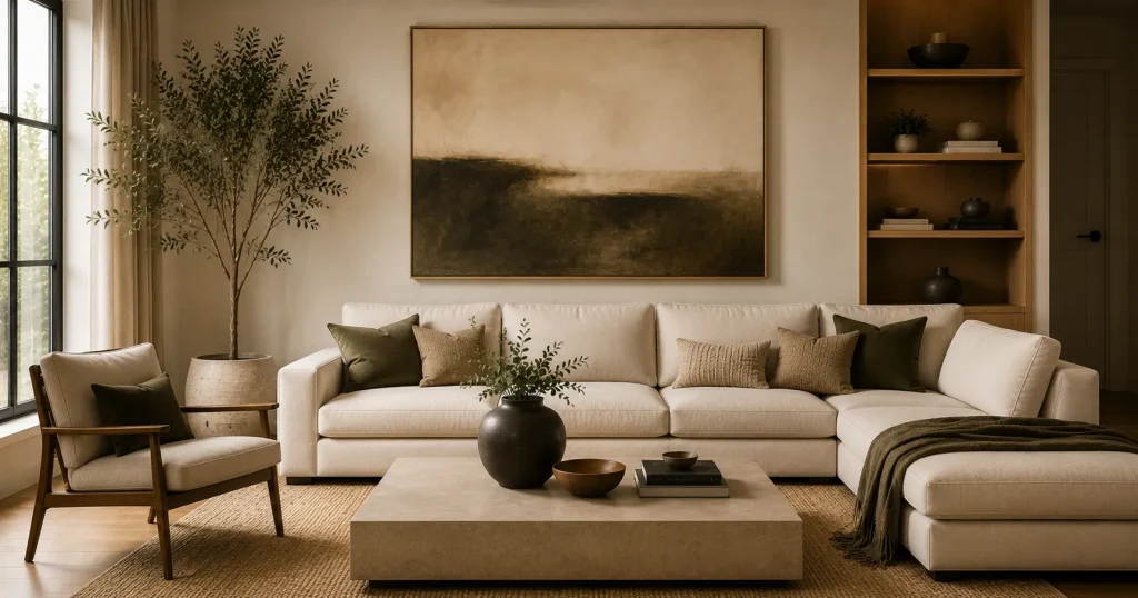 Choose One Large Statement Piece Over Several Small Ones Large statement wall art piece anchoring a living room wall