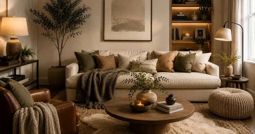 Layer Textures, Not Just Colors Layered textures with cushions and throw blanket on a sofa