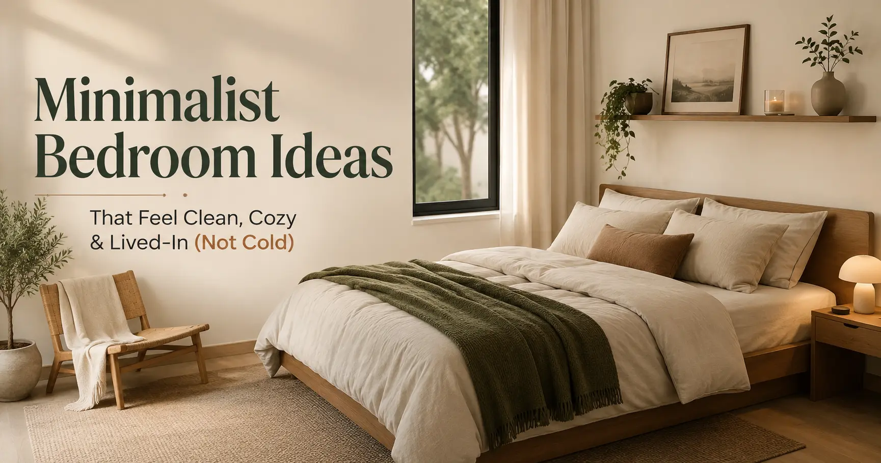 Minimalist bedroom with warm white walls, oak platform bed, and linen bedding