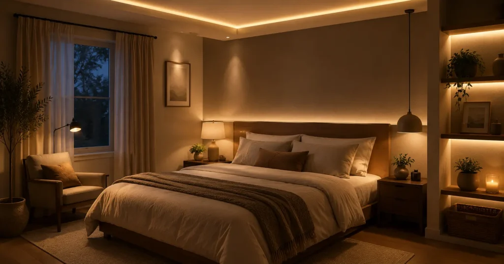Minimalist Bedroom Lighting Ideas – Layered Warm Lighting Layered lighting in a minimalist bedroom with ambient ceiling light, task reading lamp, and warm LED accent light