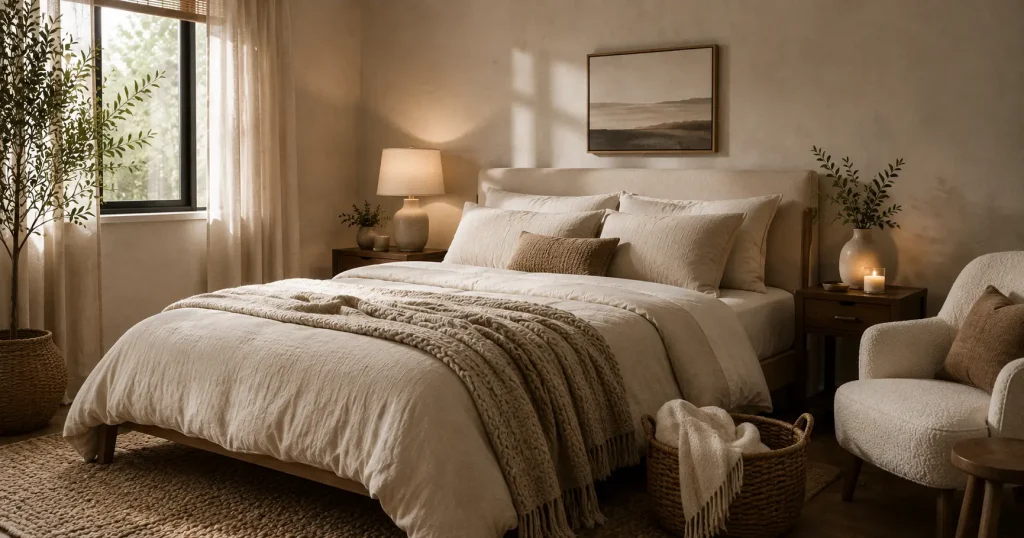 Minimalist Bedroom Textures – Linen Bedding and Wool Rug Linen bedding and wool rug texture in a minimalist bedroom with warm wood accents