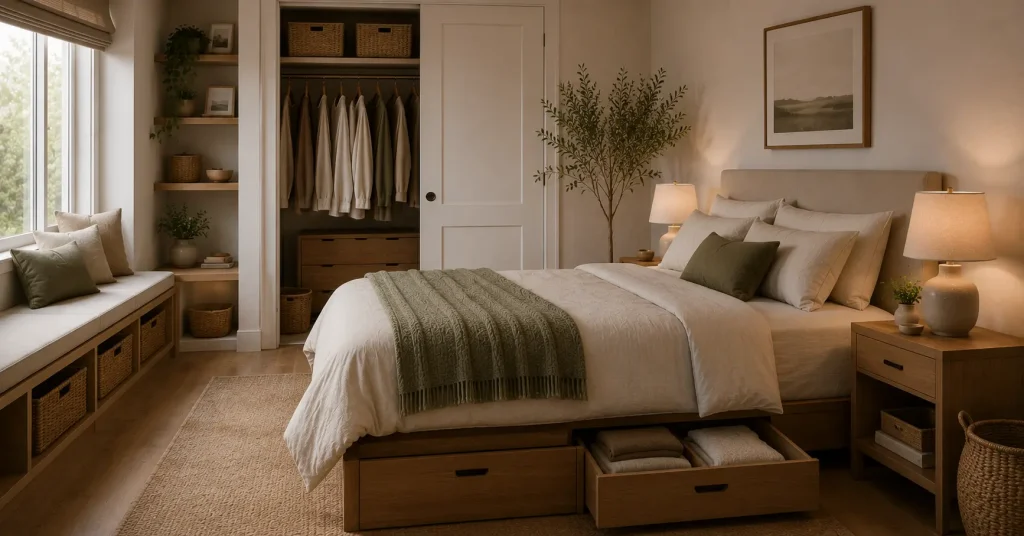 Minimalist Bedroom Storage Ideas – Clutter-Free Solutions Minimalist bedroom storage with under-bed drawers, closed hamper, and clutter-free dresser tray
