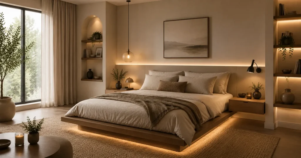Minimalist Bedroom Ideas – Warm and Inviting, Not Empty Cozy minimalist bedroom with warm tones and texture, avoiding an empty or sterile look