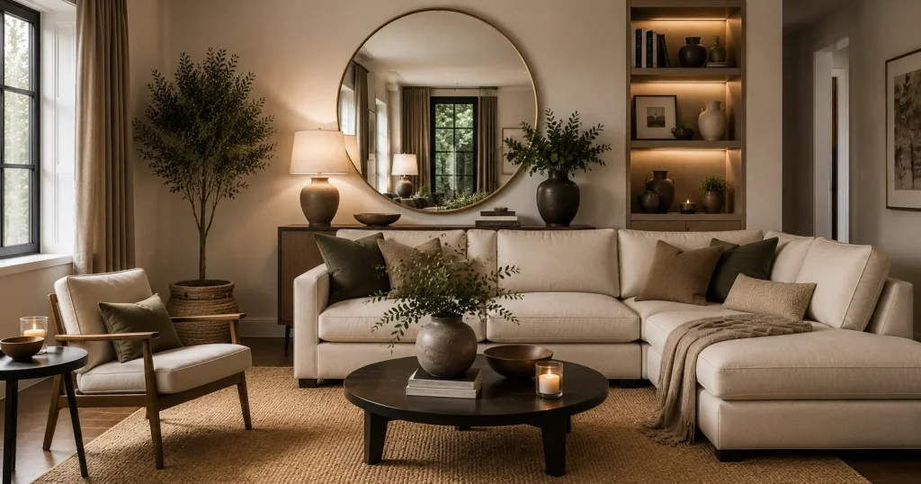 Use Mirrors to Add Light and Depth Decorative mirror reflecting light to add depth in a living room