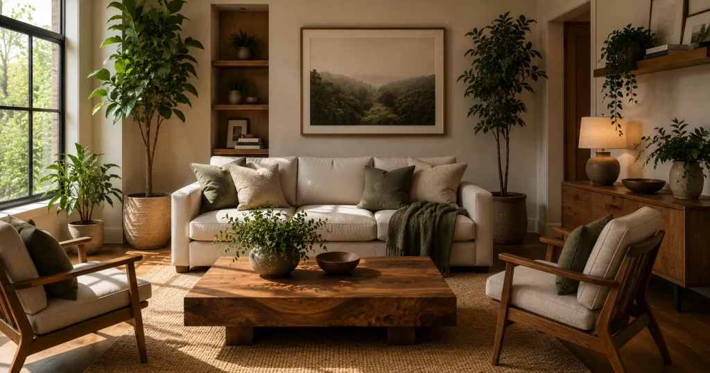 Bring in Real Wood and Live Plants Natural wood furniture and live plants adding warmth to a living room