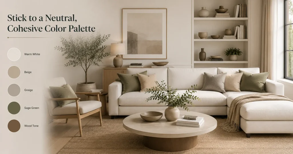 Stick to a Neutral, Cohesive Color Palette Neutral cohesive color palette living room with beige and soft tones