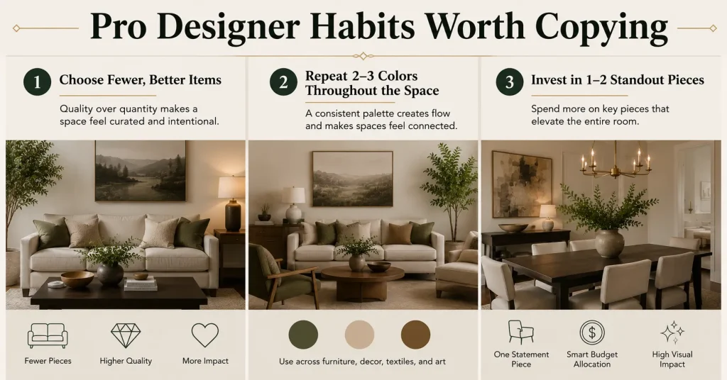 Pro Designer Habits Worth Copying Professional designer styling tips shown in a well-balanced living room