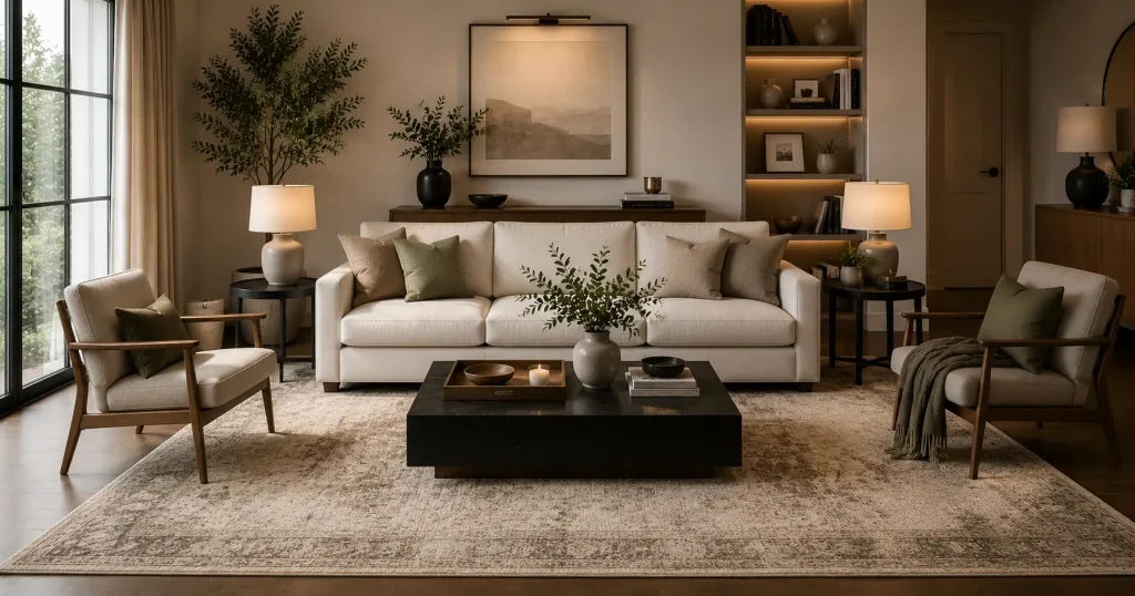 Add One Properly Sized Area Rug Properly sized large area rug placed under living room furniture