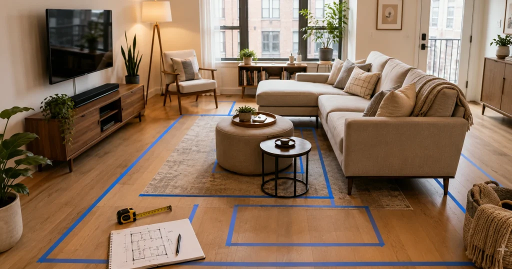 Furniture layout plan for a small living room with clear walking path