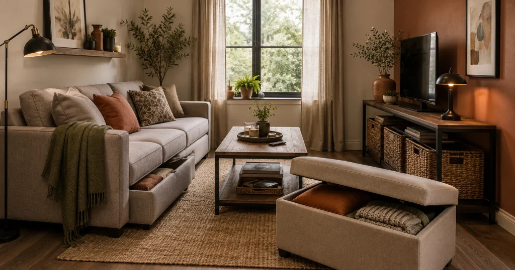 Hidden storage baskets and ottoman in a small living room