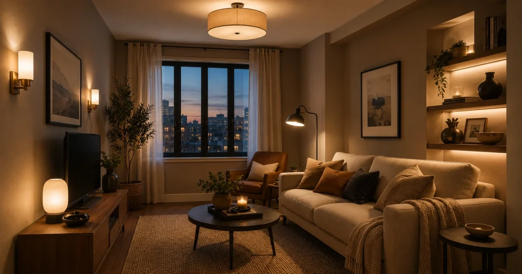Layered ambient task and accent lighting in a small living room
