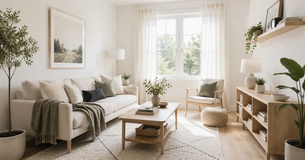 Light neutral color palette making a small living room feel bigger