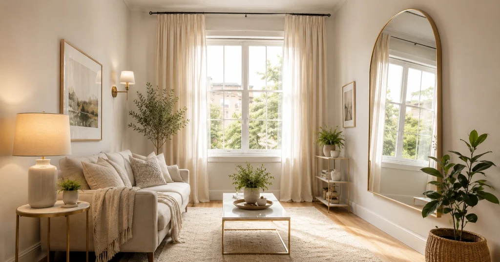 Mirror placed opposite window to brighten a small living room