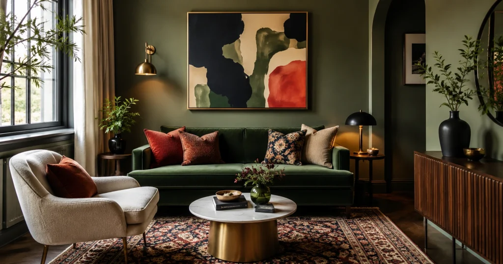 Small living room with statement wall art, coordinated throw pillows, a textured rug, and carefully selected decor for a stylish, clutter-free look.