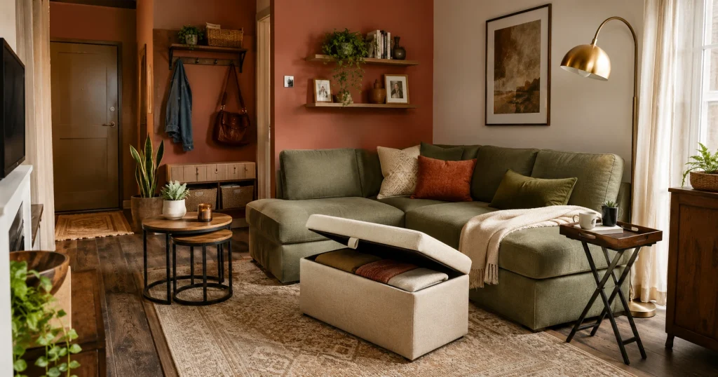 Storage ottoman used as coffee table in a small living room