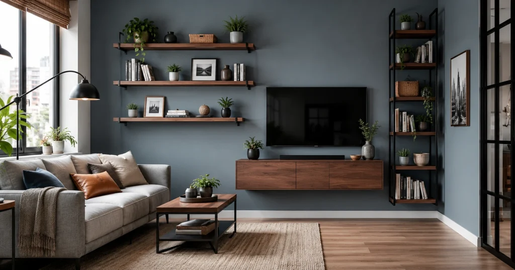 Floating wall shelves maximizing vertical storage in small living room