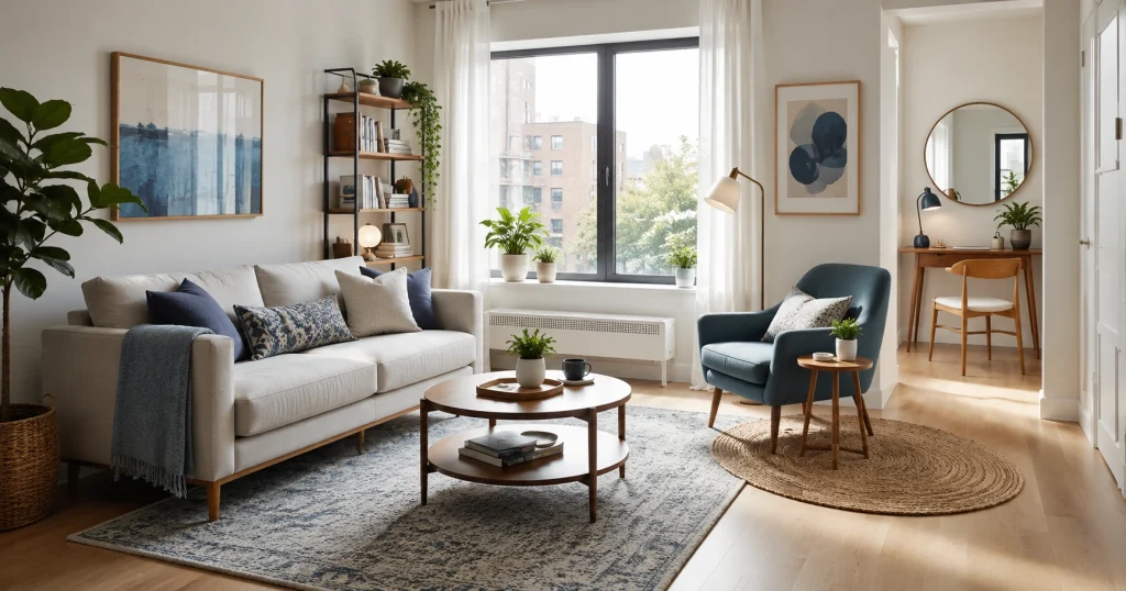 Rug and reading nook zoning a small living room space