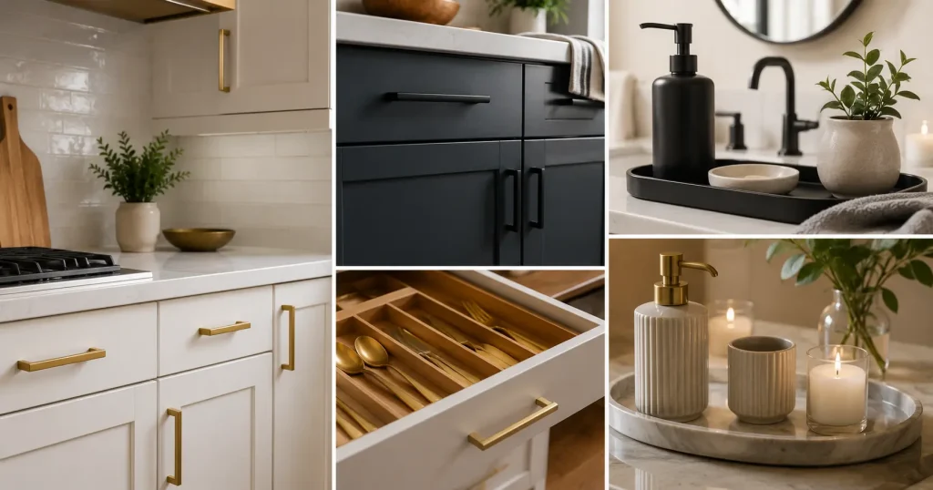 Upgrade Small Hardware and Accessories Upgraded cabinet hardware and small accessories in a kitchen