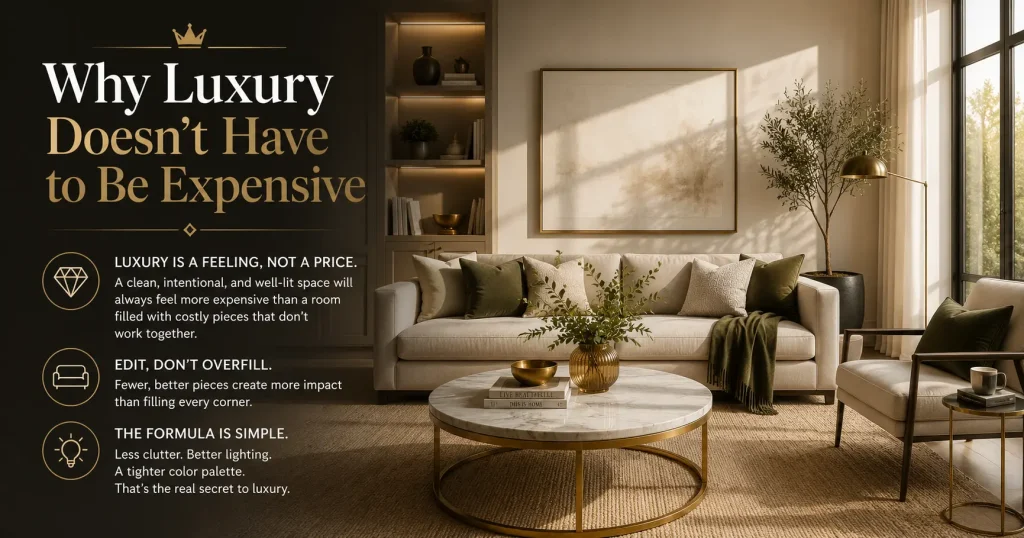Why Luxury Home Decor Doesn't Have to Be Expensive how to make your home look luxury on a budget,Elegant living room proving luxury home decor doesn't have to be expensive