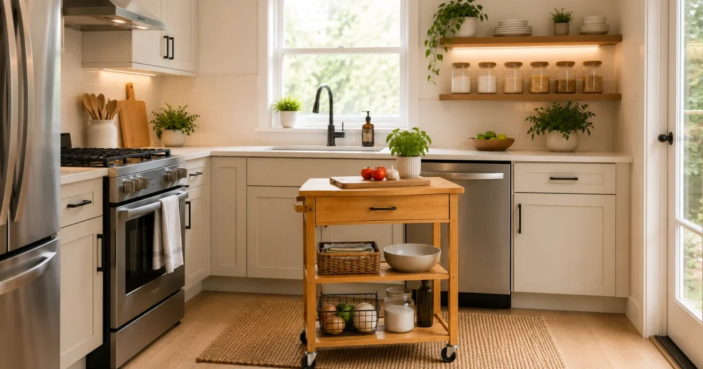 add-slim-rolling-cart-for-extra-kitchen-counter-space Small modern kitchen with a slim bamboo rolling cart providing extra countertop workspace and open storage shelves, making the compact kitchen more functional and organized.