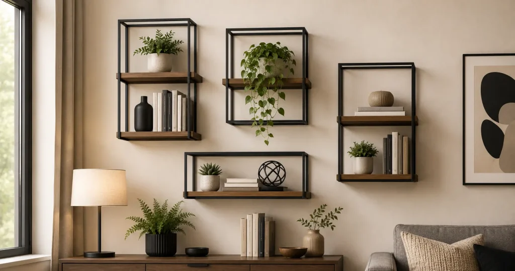 black metal and wood geometric wall shelf combo design