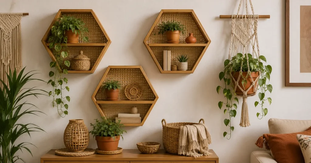 boho rattan and wood geometric wall shelf decor
