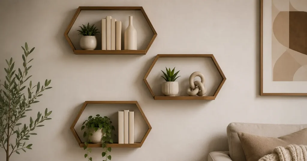 books and decor objects styled on geometric wall shelf