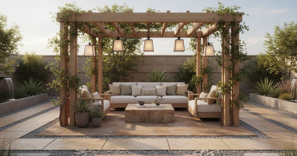 build-a-small-pergola-ideas Small modern backyard with a wooden pergola, cozy outdoor seating, soft cushions, hanging lantern lights, and climbing green plants creating a warm luxury outdoor living space.