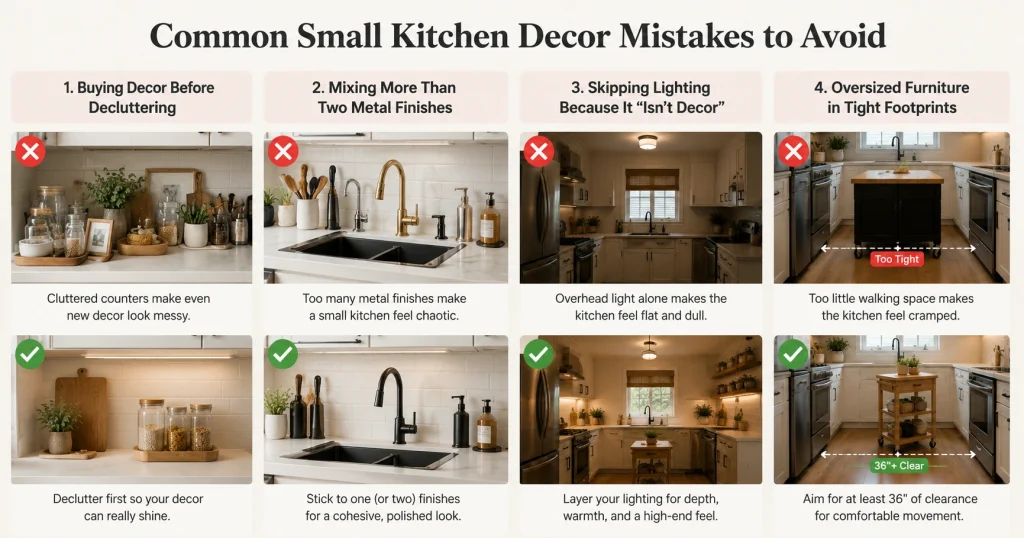 common-small-kitchen-decor-mistakes-to-avoid Side-by-side examples showing common small kitchen decorating mistakes, including cluttered countertops, mixed metal finishes, poor lighting, and oversized furniture, alongside cleaner, more functional design solutions.