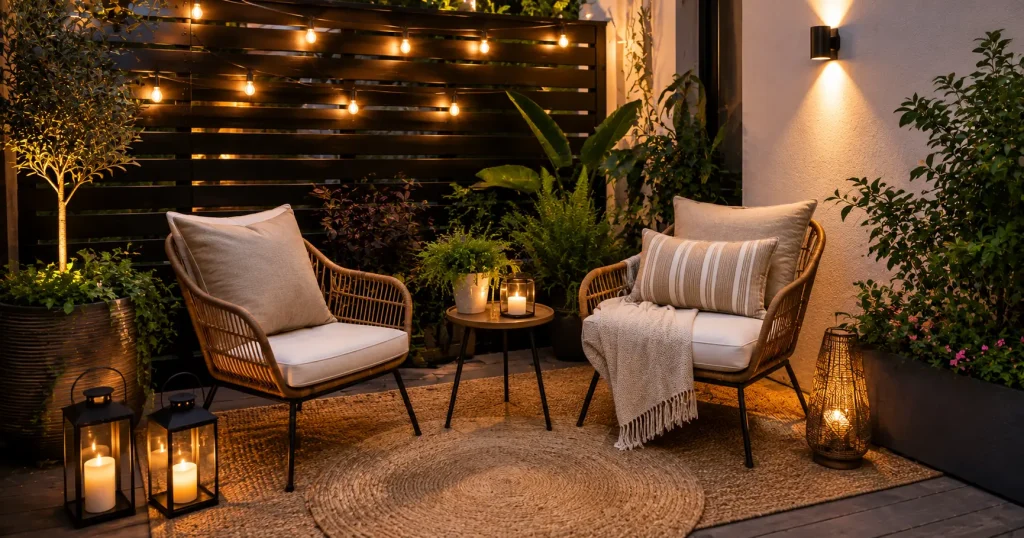 cozy-small-patio-lounge-corner.webp two chairs and side table lounge corner small patio