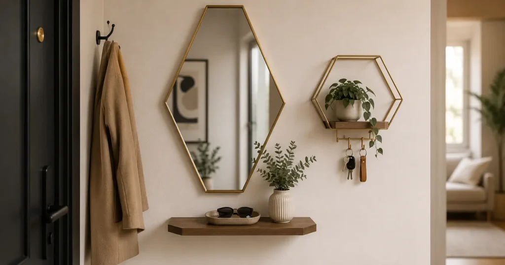 entryway geometric wall shelf and mirror combo idea