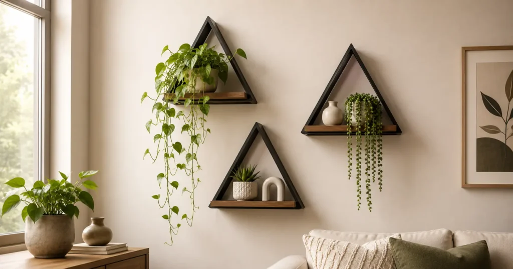 floating triangle wall shelf with trailing indoor plants