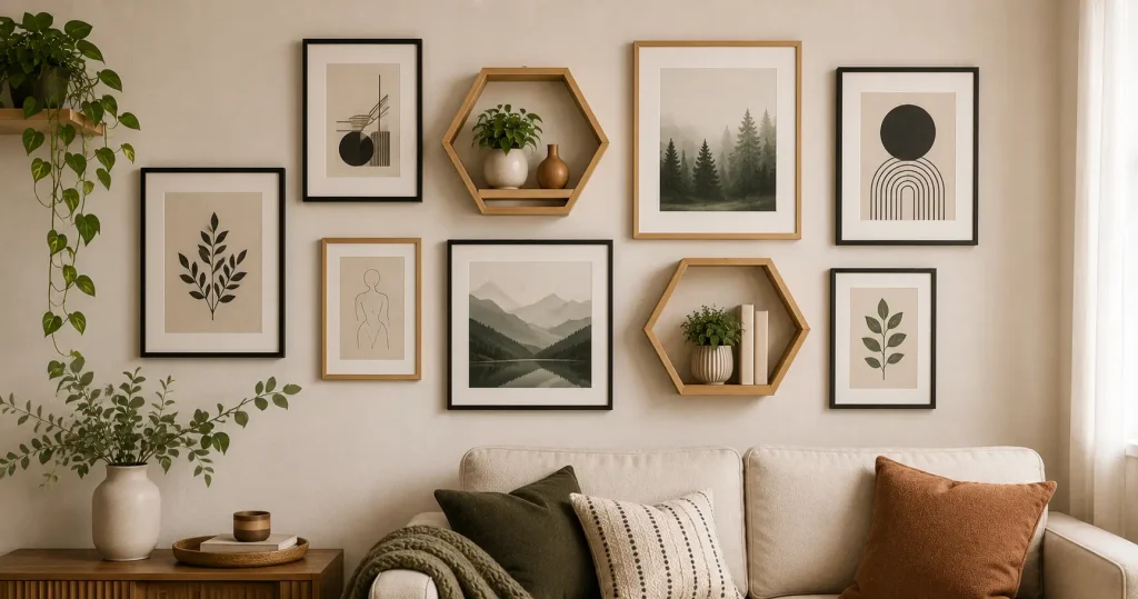 gallery wall with integrated geometric wall shelf