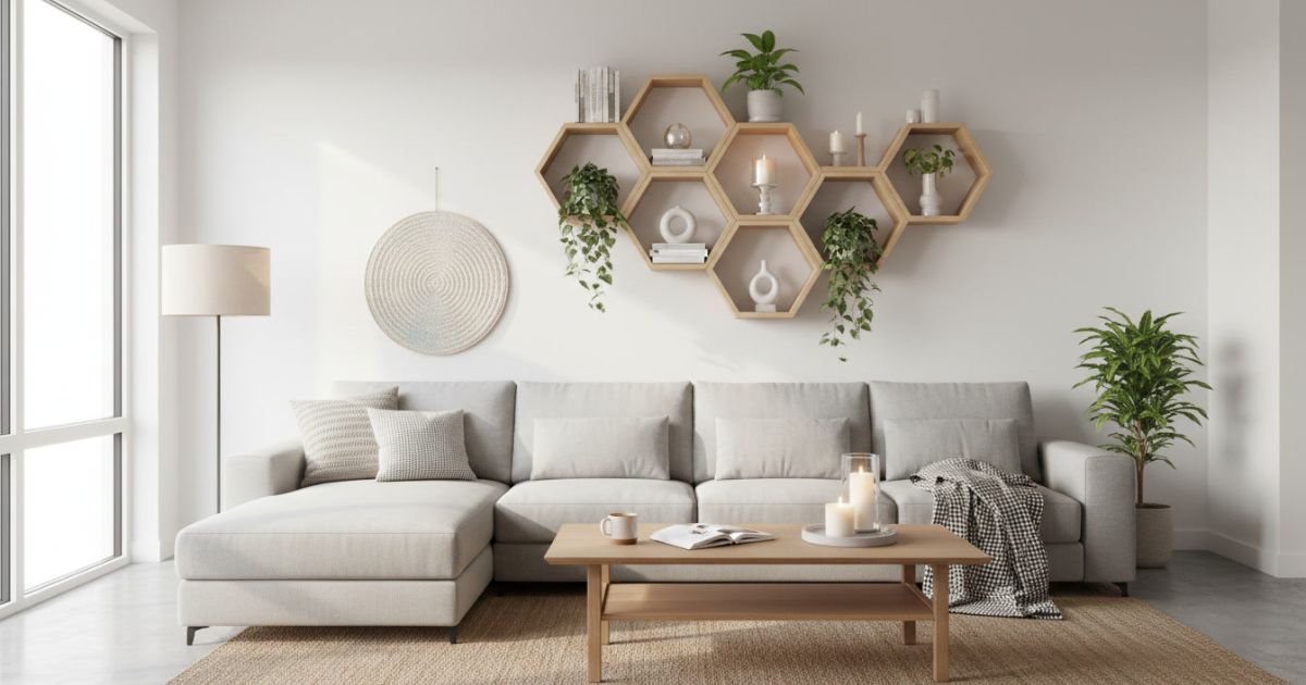 geometric wall shelf decor ideas for small apartment modern living room USA style