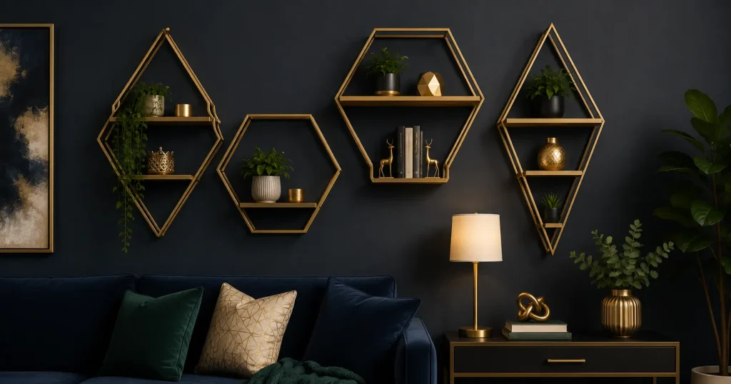 gold accent geometric wall shelf against navy wall