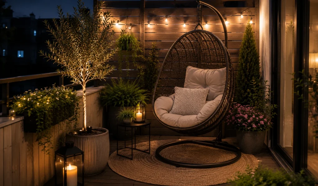 hanging-egg-chair-small-outdoor-living-ideas.webp small outdoor living ideas hanging egg chair patio corner