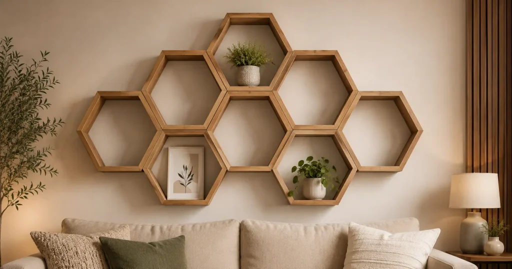 honeycomb hexagon wall shelf cluster in modern living room