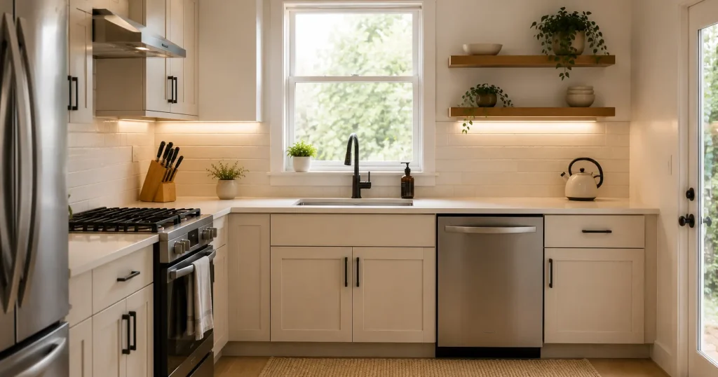 keep-kitchen-counters-almost-empty-minimalist-look Minimalist kitchen with nearly empty countertops, a kettle and knife block as the only visible essentials, creating a clean, spacious, and modern look.
