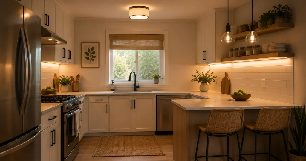 layer-kitchen-lighting-for-warm-modern-look Modern kitchen with layered lighting featuring a ceiling light, warm under-cabinet LED strips, and pendant lights over the breakfast counter, creating a bright and inviting atmosphere.