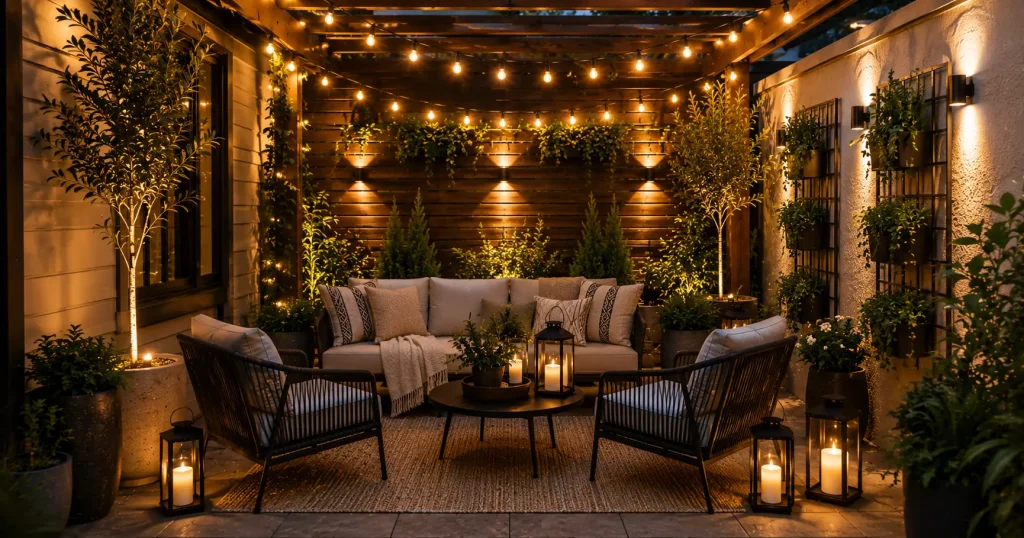 layered-string-lights-lanterns-patio.webp string lights and lanterns layered on patio wall