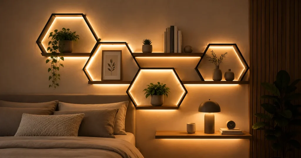 LED backlit geometric wall shelf idea for bedroom decor