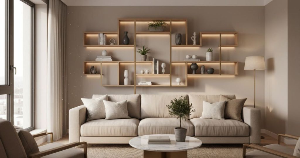luxury geometric wall shelf decor ideas for small apartment modern Scandinavian aesthetic USA interior design