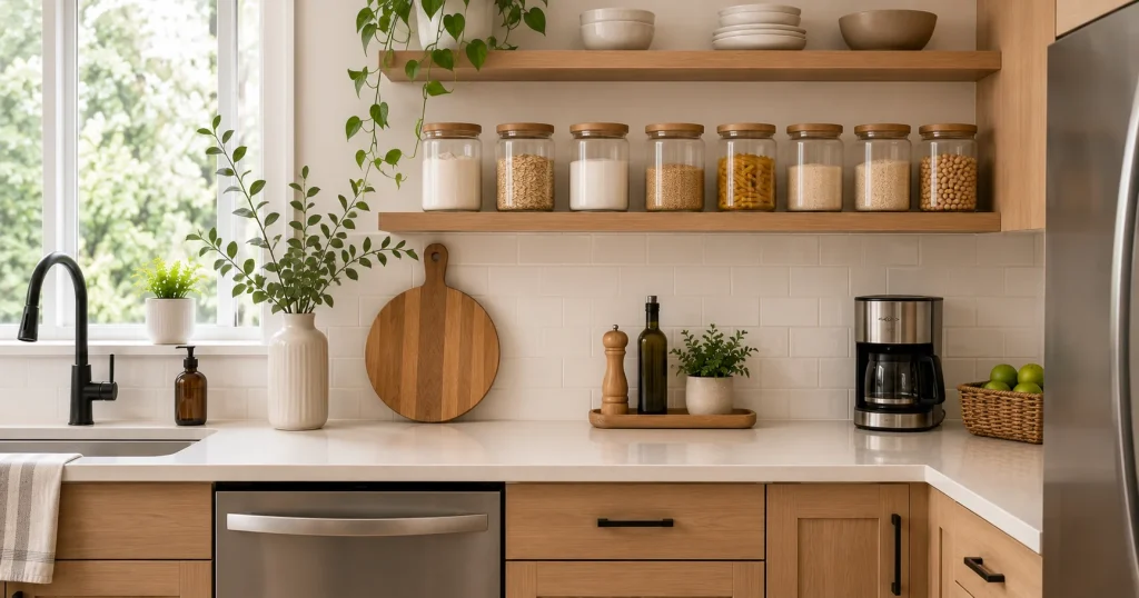 matching-glass-storage-jars-kitchen.webp Matching glass storage jars on a kitchen counter