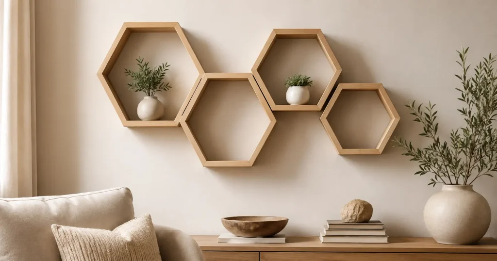 minimalist wooden hexagon wall shelf cluster geometric decor idea
