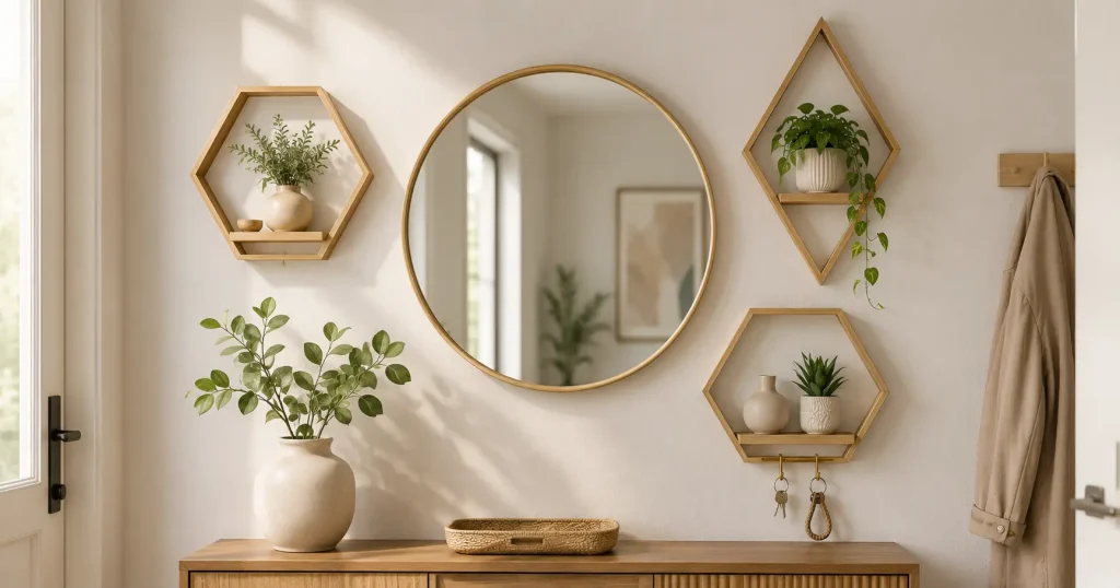 mirror framed geometric wall shelf arrangement small space