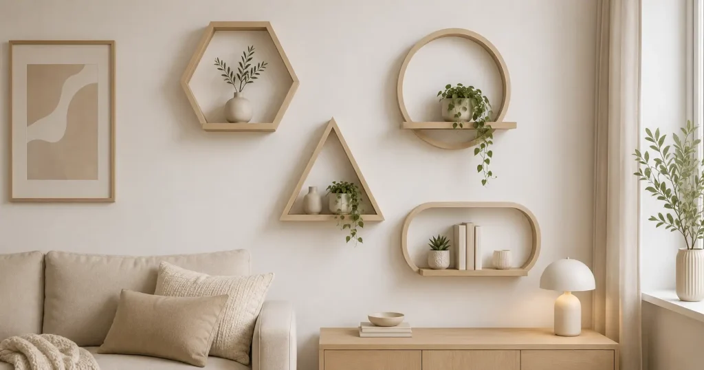 neutral tone geometric wall shelf set beige wood